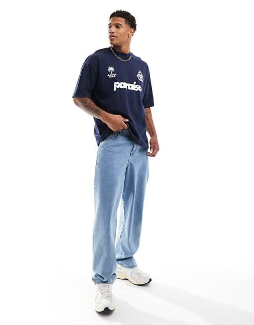 Asos ASOS DESIGN Oversized T-shirt With Paraiso Front Print In Navy