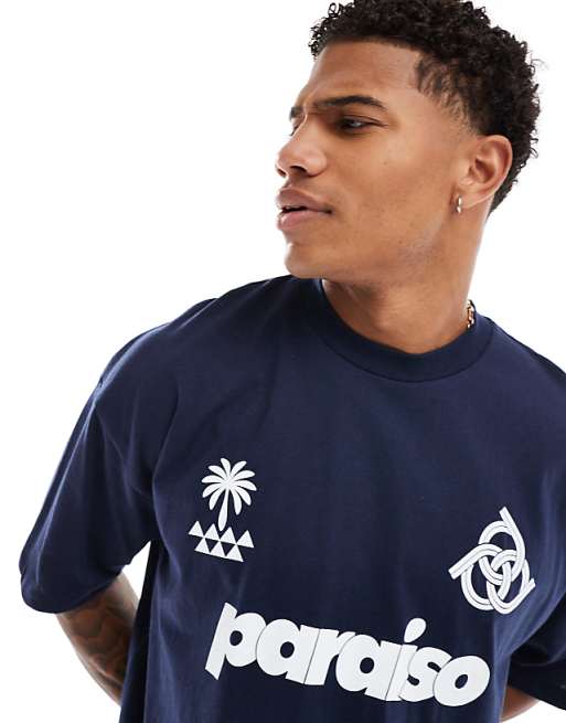 asos ASOS DESIGN oversized t-shirt with paraiso front print in navy