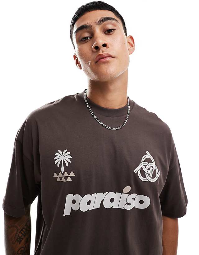 Asos ASOS DESIGN Oversized T-shirt With Paraiso Front Print In Brown