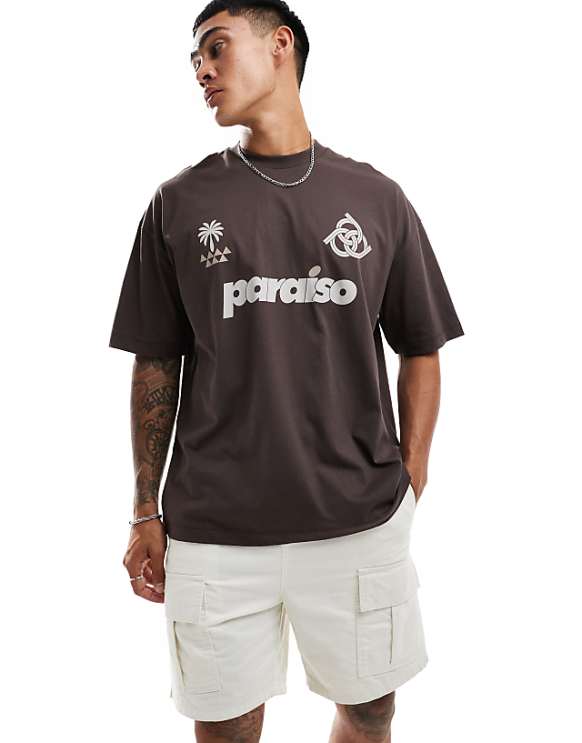 asos ASOS DESIGN oversized t-shirt with paraiso front print in brown