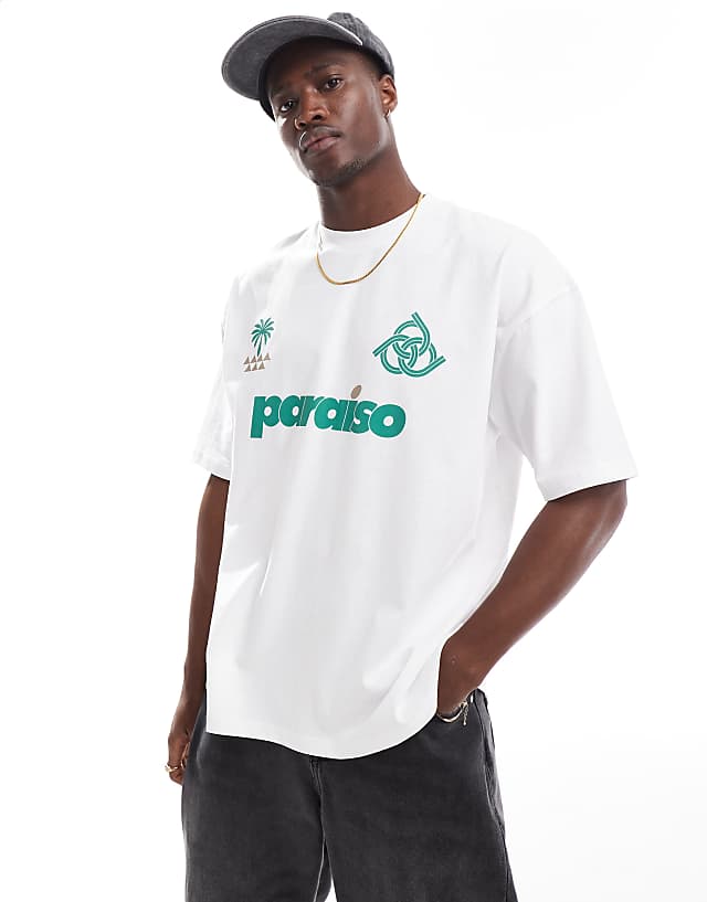 asos ASOS DESIGN oversized t-shirt with paraiso front print in white