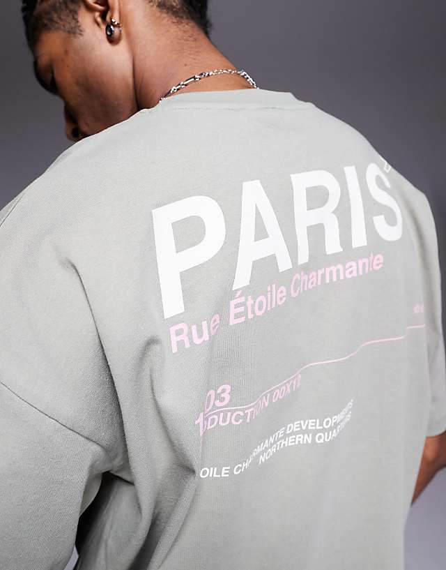 Asos ASOS DESIGN Oversized T-shirt With Paris Text Graphic In Grey Green