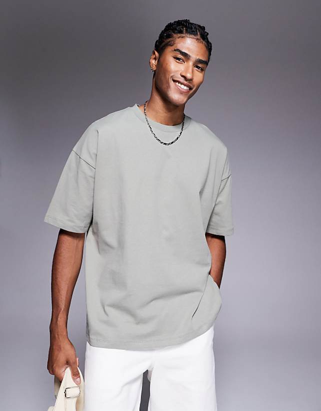 Asos ASOS DESIGN Oversized T-shirt With Paris Text Graphic In Grey Green