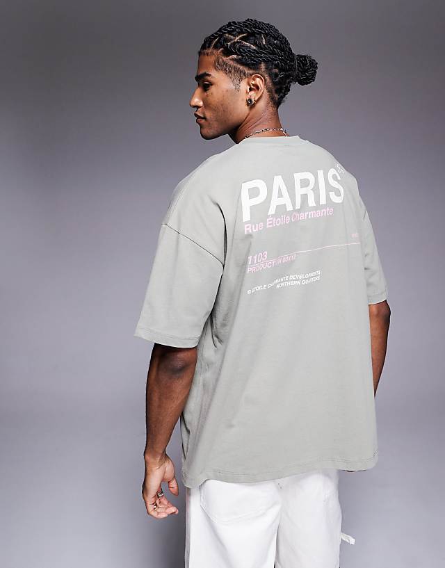 asos ASOS DESIGN oversized t-shirt with Paris text graphic in grey green