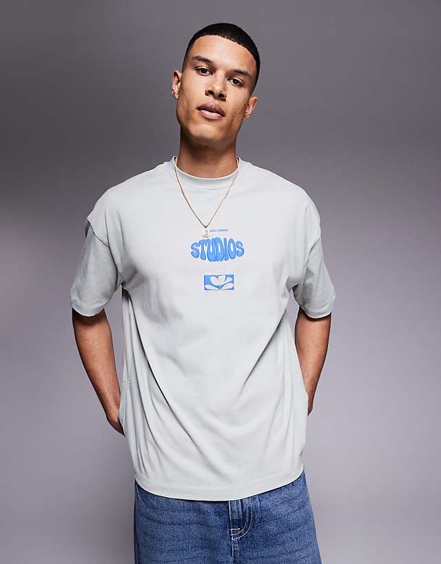Asos ASOS DESIGN Oversized T-shirt With Puff Print In Light Grey