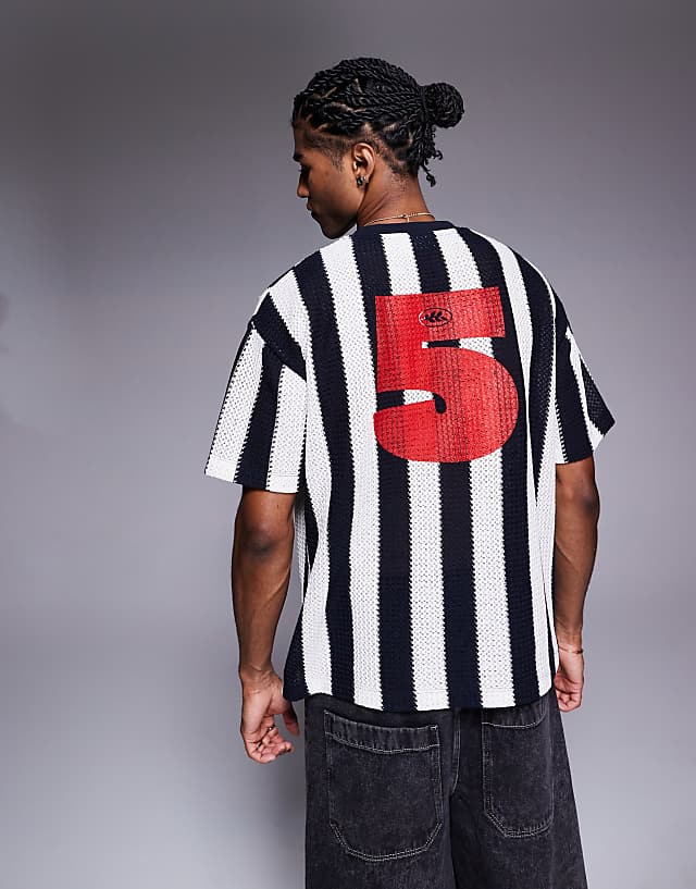 Asos ASOS DESIGN Oversized T-shirt With Sports Graphic In Black And White Striped Crochet