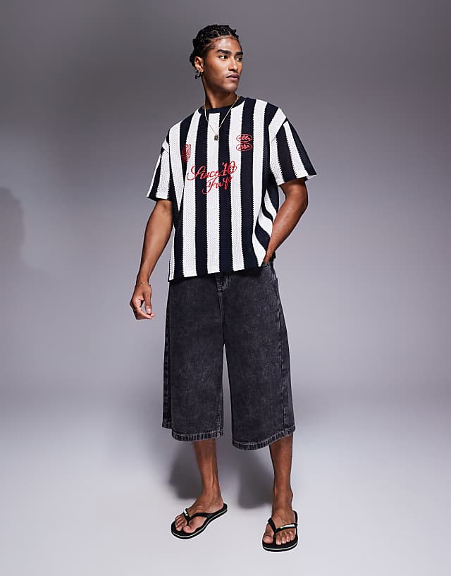 Asos ASOS DESIGN Oversized T-shirt With Sports Graphic In Black And White Striped Crochet