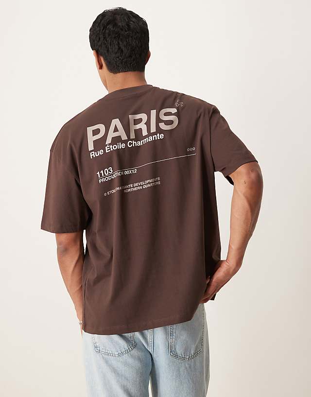 asos ASOS DESIGN oversized t-shirt with text graphic in brown
