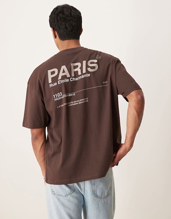 asos ASOS DESIGN oversized t-shirt with text graphic in brown