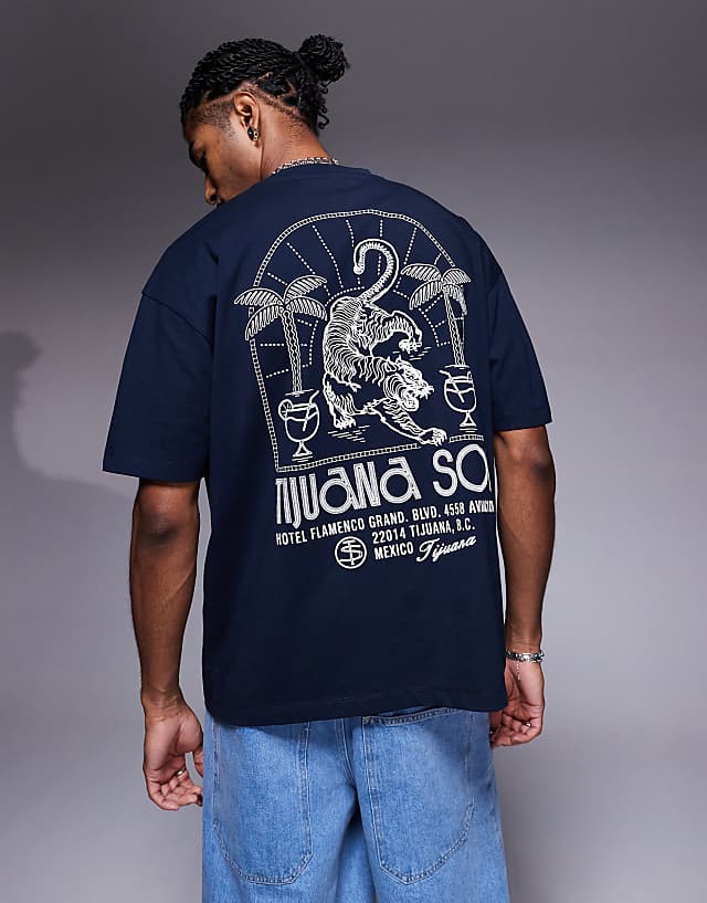 Asos ASOS DESIGN Oversized T-shirt With Tijuana Tiger Graphic In Navy