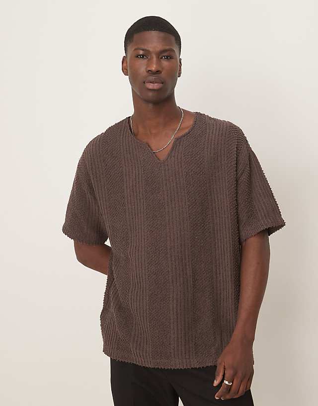 asos ASOS DESIGN oversized t-shirt with v neck in brown texture