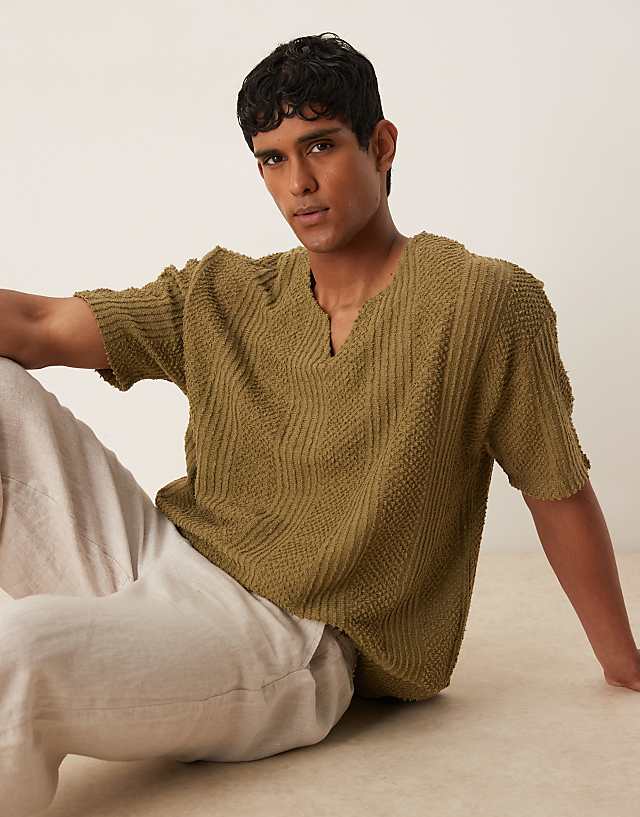 asos ASOS DESIGN oversized t-shirt with v neck in khaki texture
