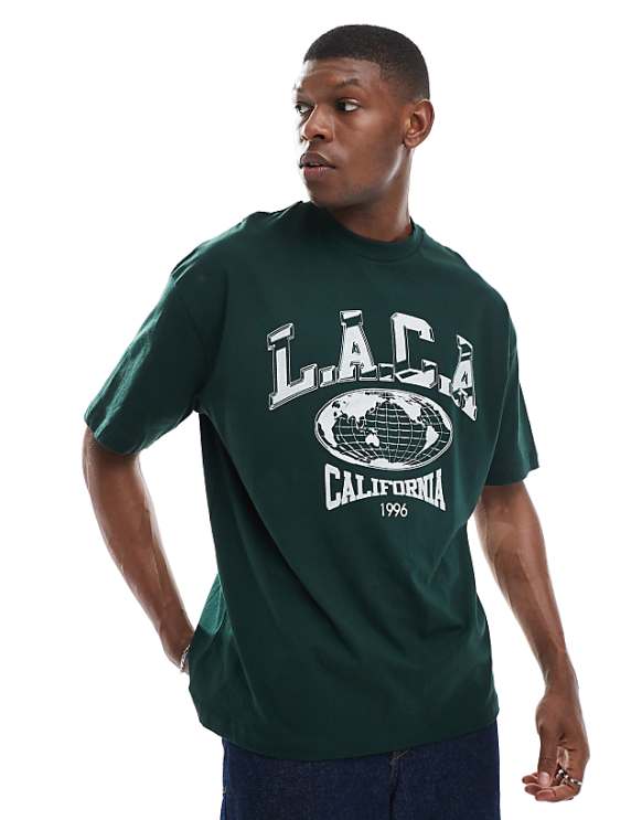 asos ASOS DESIGN oversized t-shirt with varsity graphic in dark green