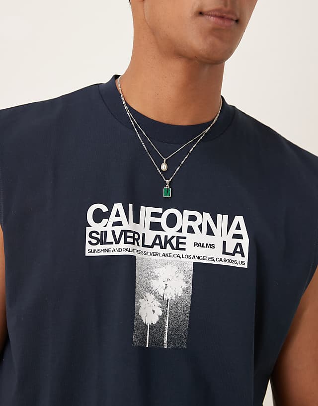 Asos ASOS DESIGN Oversized Tank With California Flower Graphic In Navy