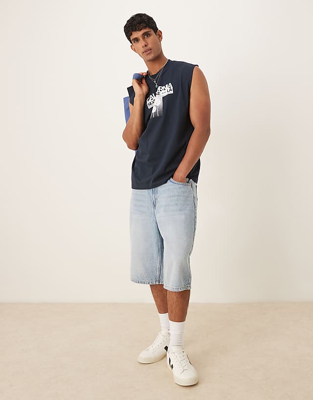 Asos ASOS DESIGN Oversized Tank With California Flower Graphic In Navy