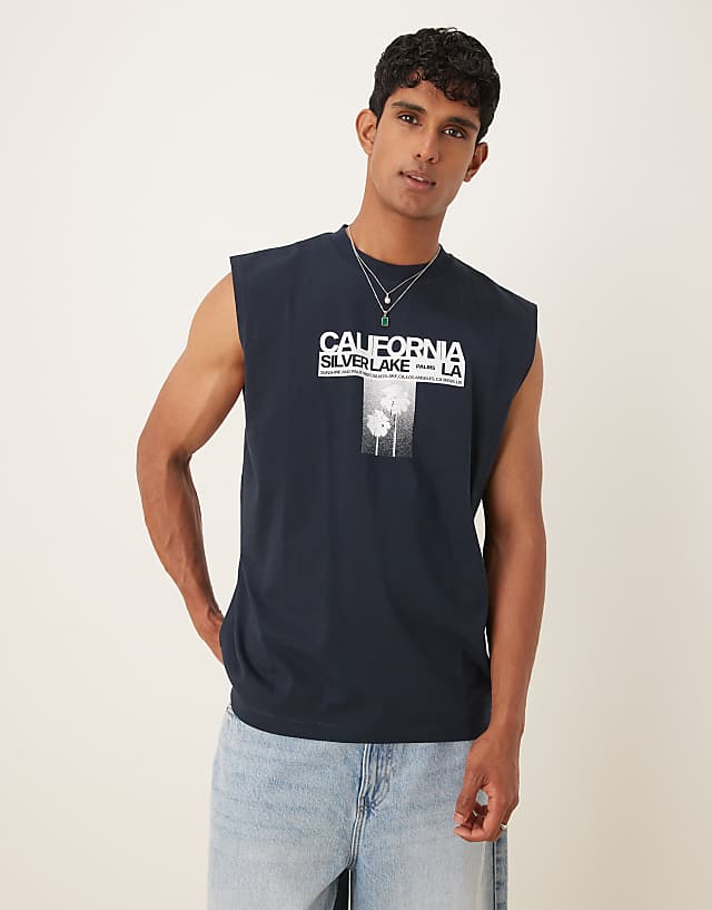 asos ASOS DESIGN oversized tank with California flower graphic in navy