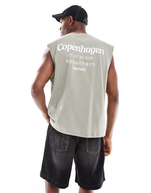 Asos ASOS DESIGN Oversized Tank With Copenhagen Text Graphic In Grey Green
