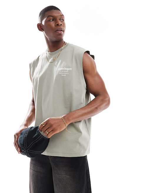 Asos ASOS DESIGN Oversized Tank With Copenhagen Text Graphic In Grey Green