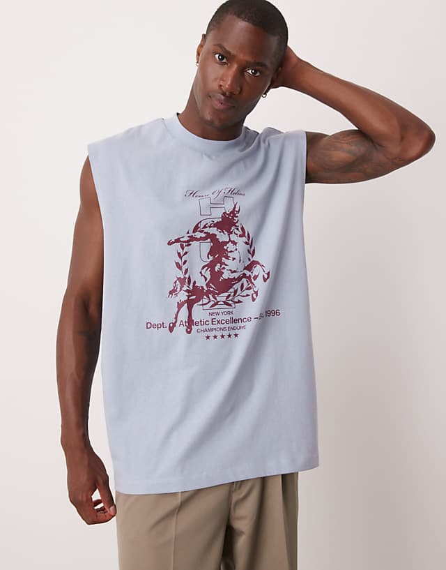 asos ASOS DESIGN oversized tank with dropped armhole and street graphic in light blue