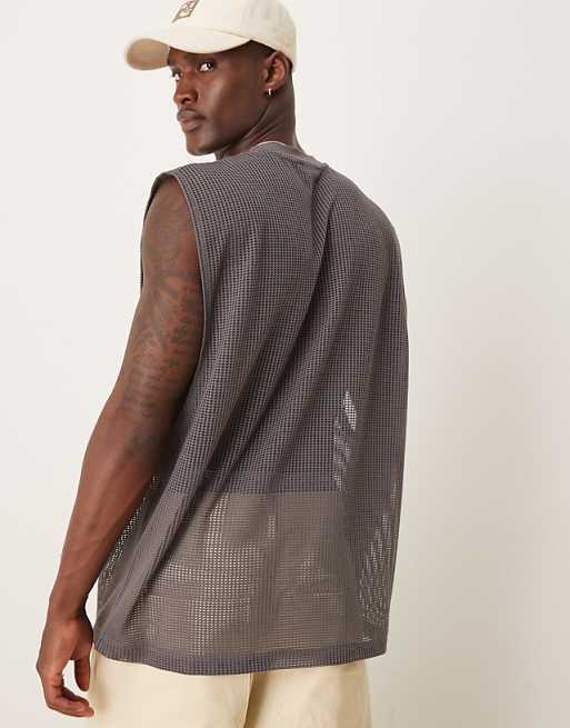 Asos ASOS DESIGN Oversized Tank With Dropped Armhole In Charcoal Open Mesh