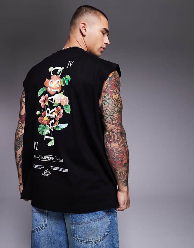 asos ASOS DESIGN oversized tank with floral text graphic in black