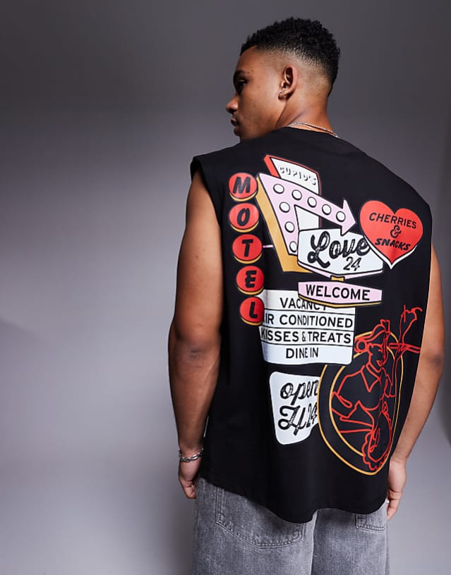 asos ASOS DESIGN oversized tank with motel graphic in black