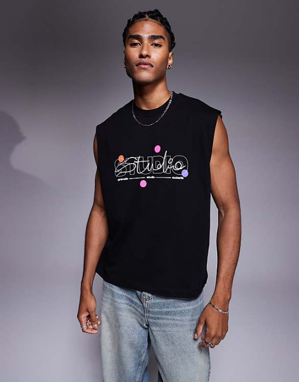 Asos ASOS DESIGN Oversized Tank With Puff Text Graphic In Black