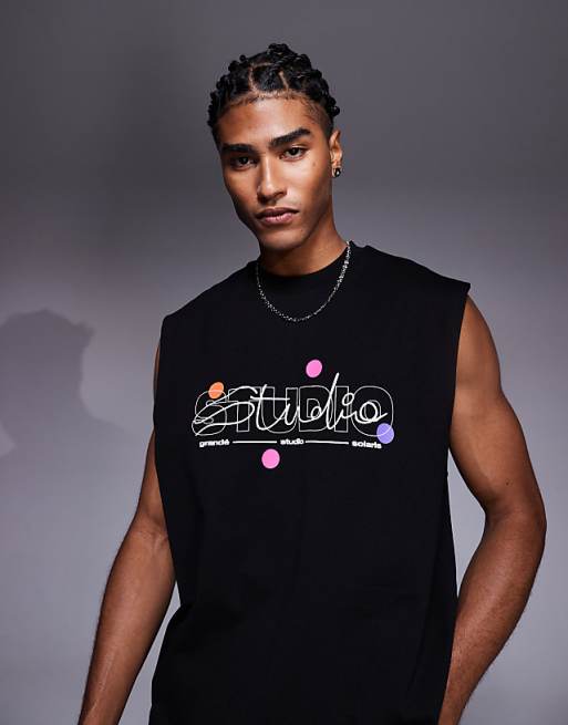 asos ASOS DESIGN oversized tank with puff text graphic in black