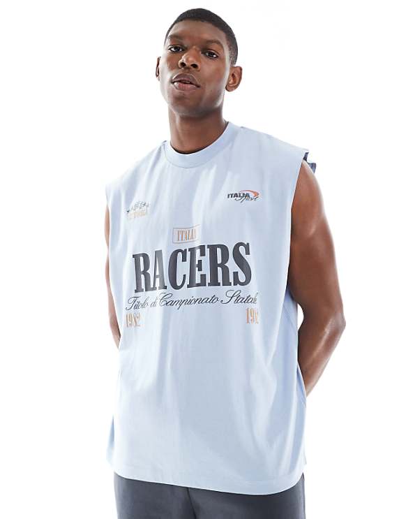 asos ASOS DESIGN oversized tank with sport graphic in blue