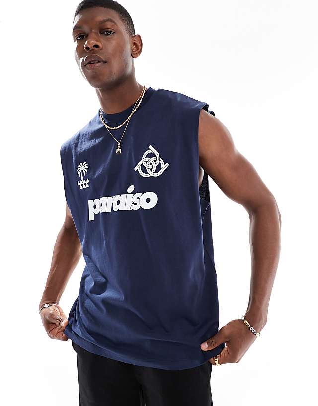asos ASOS DESIGN oversized tank with sports graphic in navy