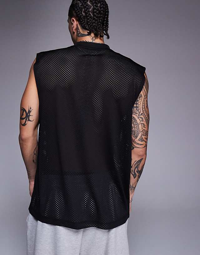 Asos ASOS DESIGN Oversized Tank With Sports Graphic In Black Mesh