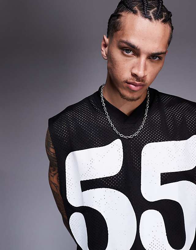 Asos ASOS DESIGN Oversized Tank With Sports Graphic In Black Mesh