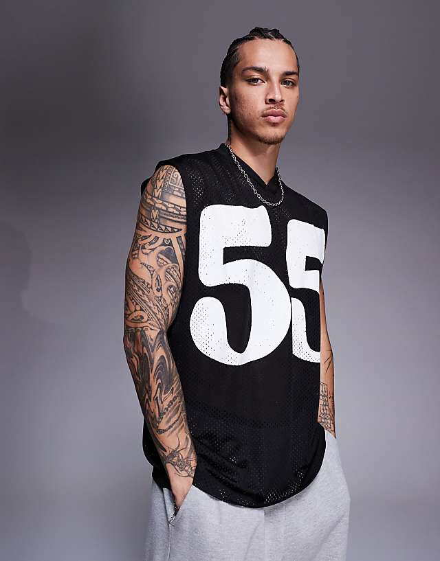 asos ASOS DESIGN oversized tank with sports graphic in black mesh