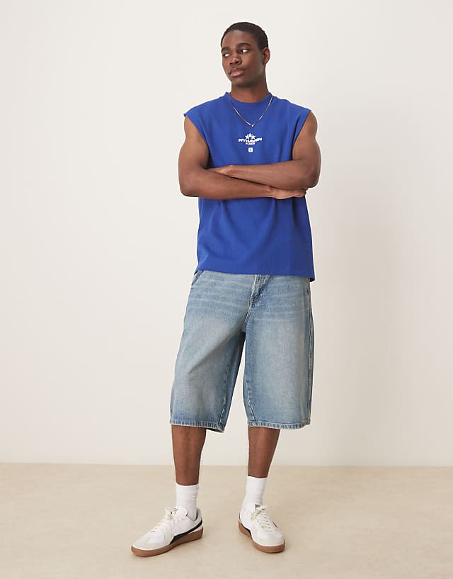 Asos ASOS DESIGN Oversized Tank With Sports Graphic In Blue Waffle