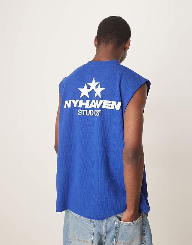 Asos ASOS DESIGN Oversized Tank With Sports Graphic In Blue Waffle