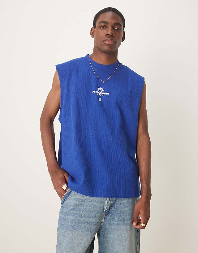 Asos ASOS DESIGN Oversized Tank With Sports Graphic In Blue Waffle