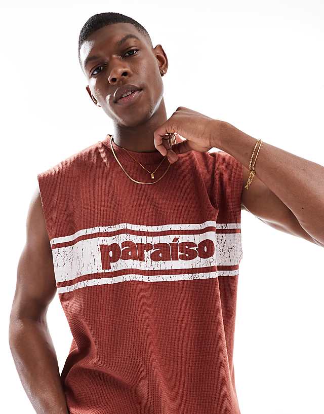 Asos ASOS DESIGN Oversized Tank With Sports Graphic In Red Waffle