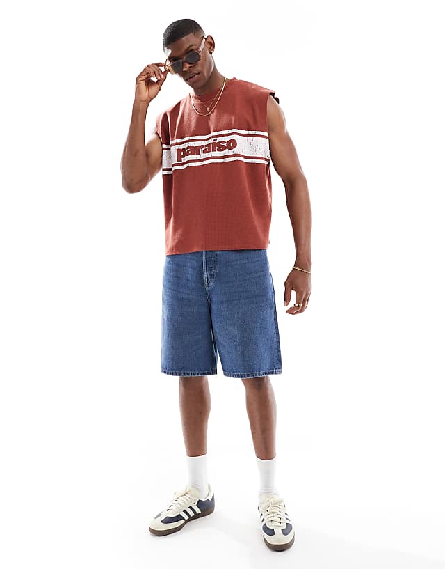 Asos ASOS DESIGN Oversized Tank With Sports Graphic In Red Waffle