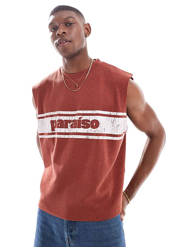 asos ASOS DESIGN oversized tank with sports graphic in red waffle
