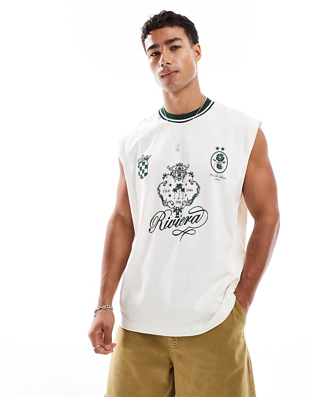 asos ASOS DESIGN oversized tank with sports graphic in off white