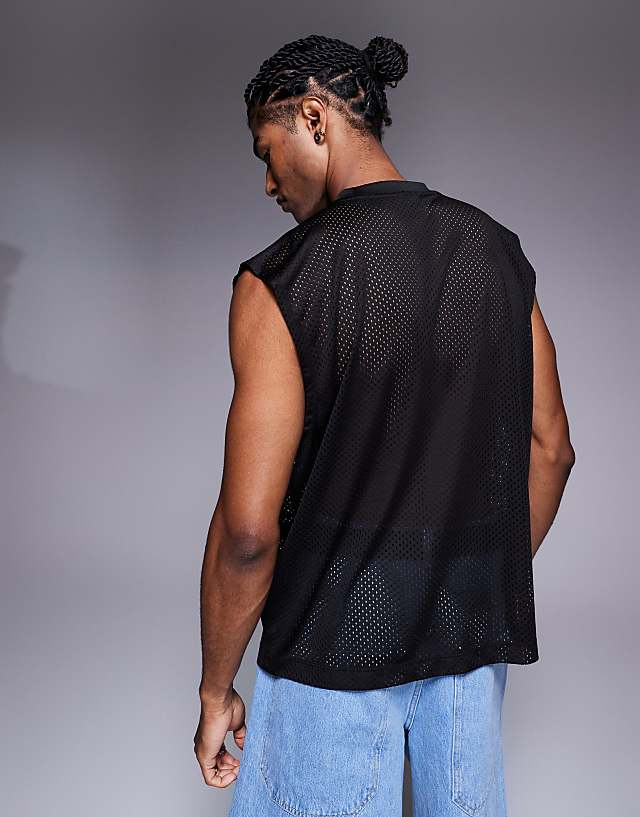 Asos ASOS DESIGN Oversized Tank With Text Graphic In Black Airtex