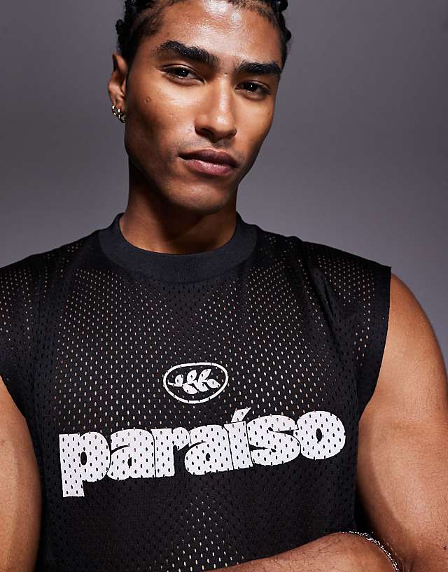 Asos ASOS DESIGN Oversized Tank With Text Graphic In Black Airtex