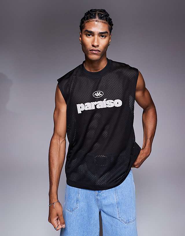 asos ASOS DESIGN oversized tank with text graphic in black airtex