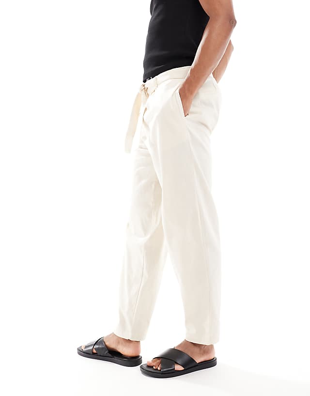 Asos ASOS DESIGN Oversized Tapered Linen Look Trouser With Belt In Beige