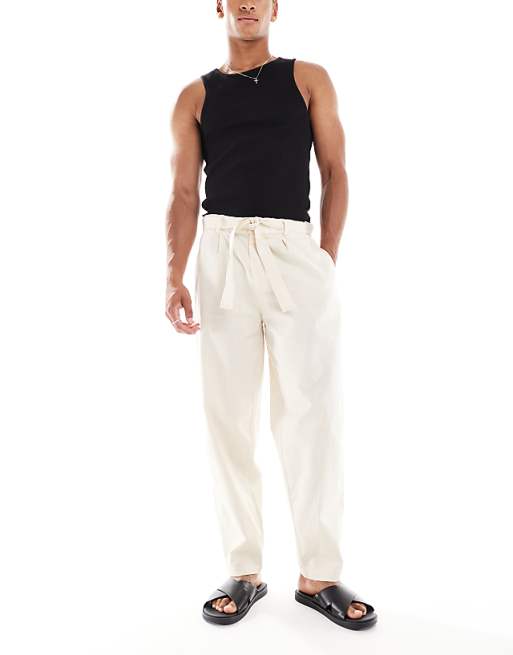 asos ASOS DESIGN oversized tapered linen look trouser with belt in beige