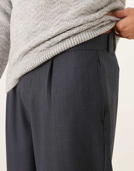 Asos ASOS DESIGN Oversized Tapered Smart Trousers In Navy Stripe With Turn Up Hem