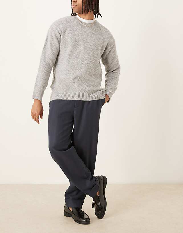 asos ASOS DESIGN oversized tapered smart trousers in navy stripe with turn up hem