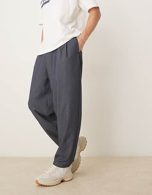 asos ASOS DESIGN oversized tapered smart trousers in pinstripe in navy