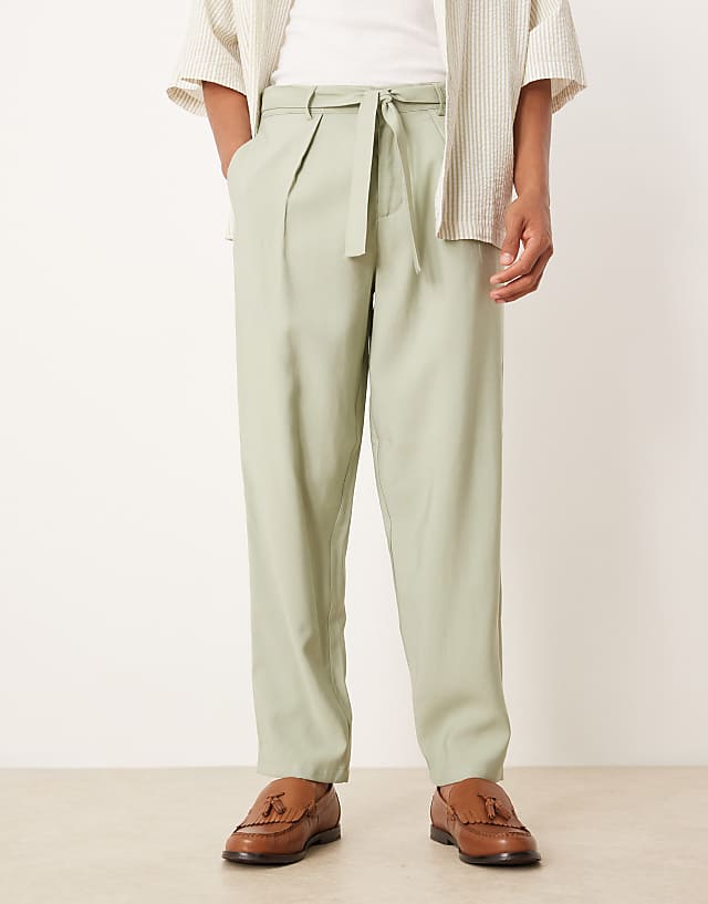 Asos ASOS DESIGN Oversized Tapered Smart Trousers With Belt Detail In Green