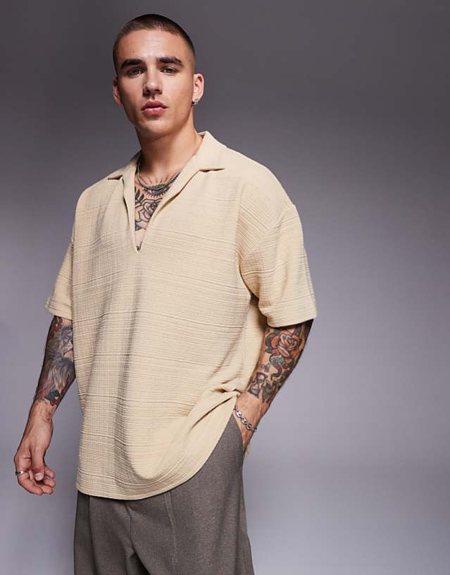 asos ASOS DESIGN oversized textured polo with revere collar in stone